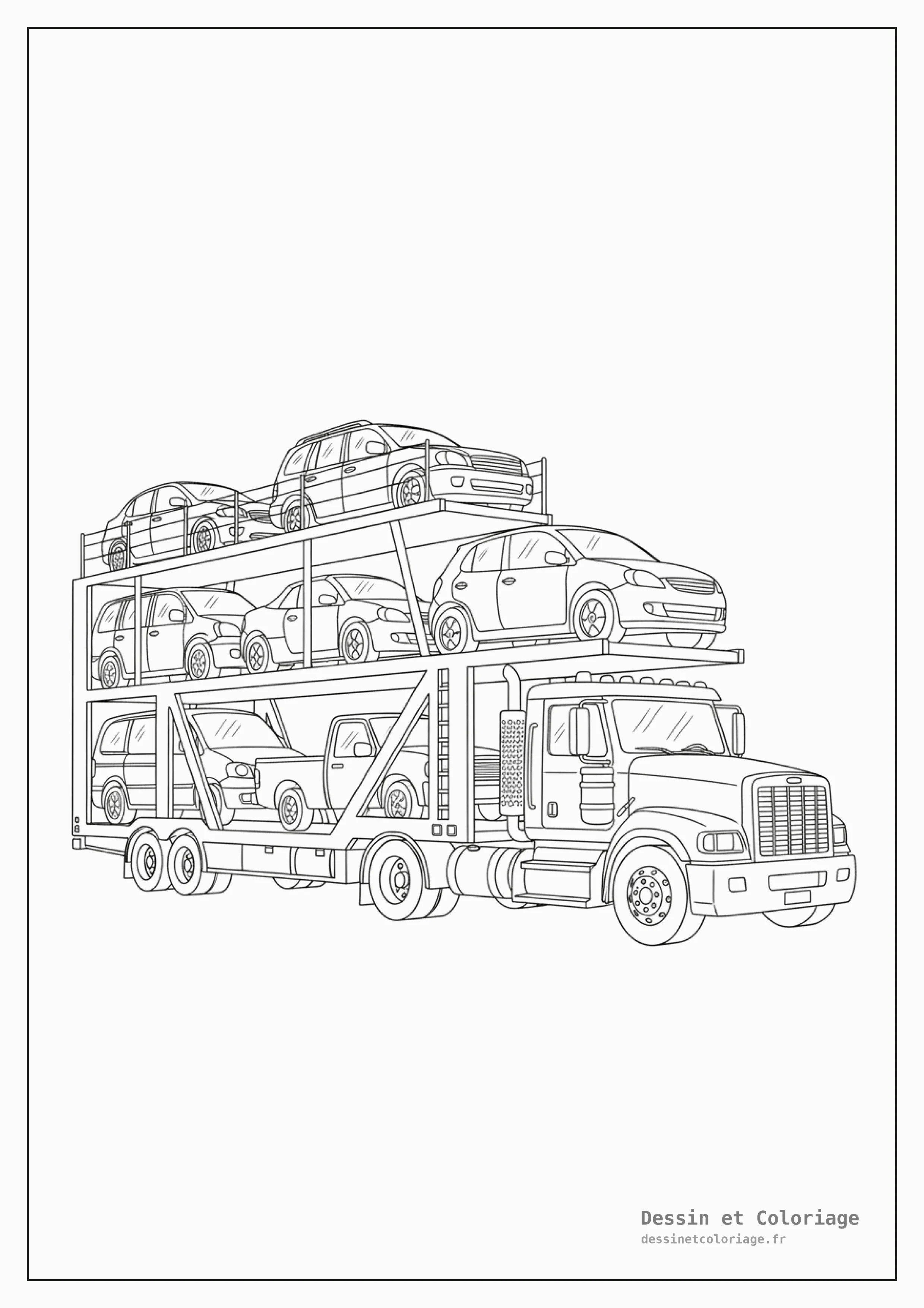 coloriage camion — Camion porte-voitures à double niveau, transportant plusieurs véhicules neufs sur l'autoroute.
