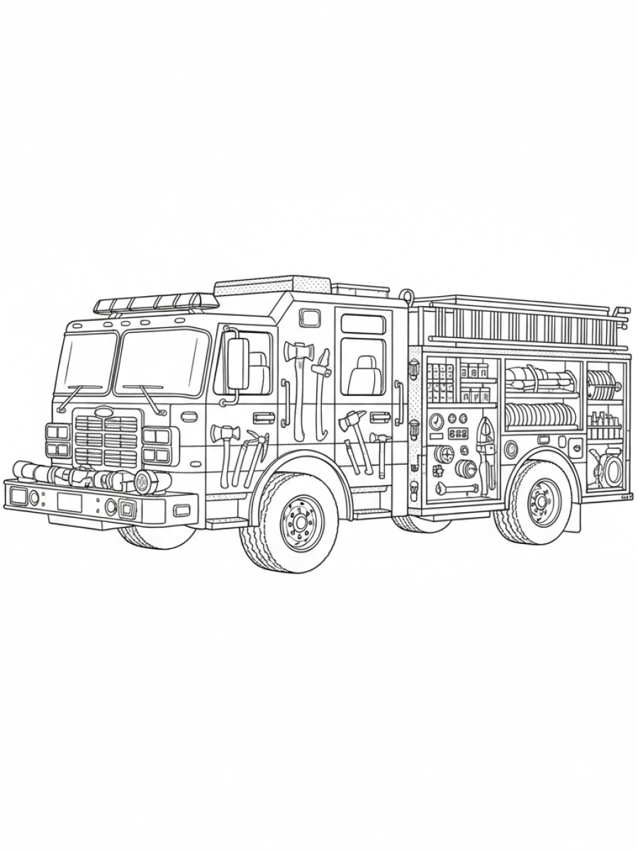 coloriage camion — Camion de sauvetage des pompiers, équipé de divers outils et compartiments pour les interventions.