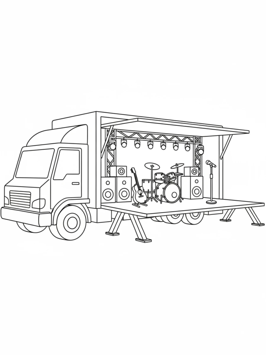 coloriage camion — Camion scène mobile avec une partie latérale dépliée, révélant une estrade pour des spectacles.