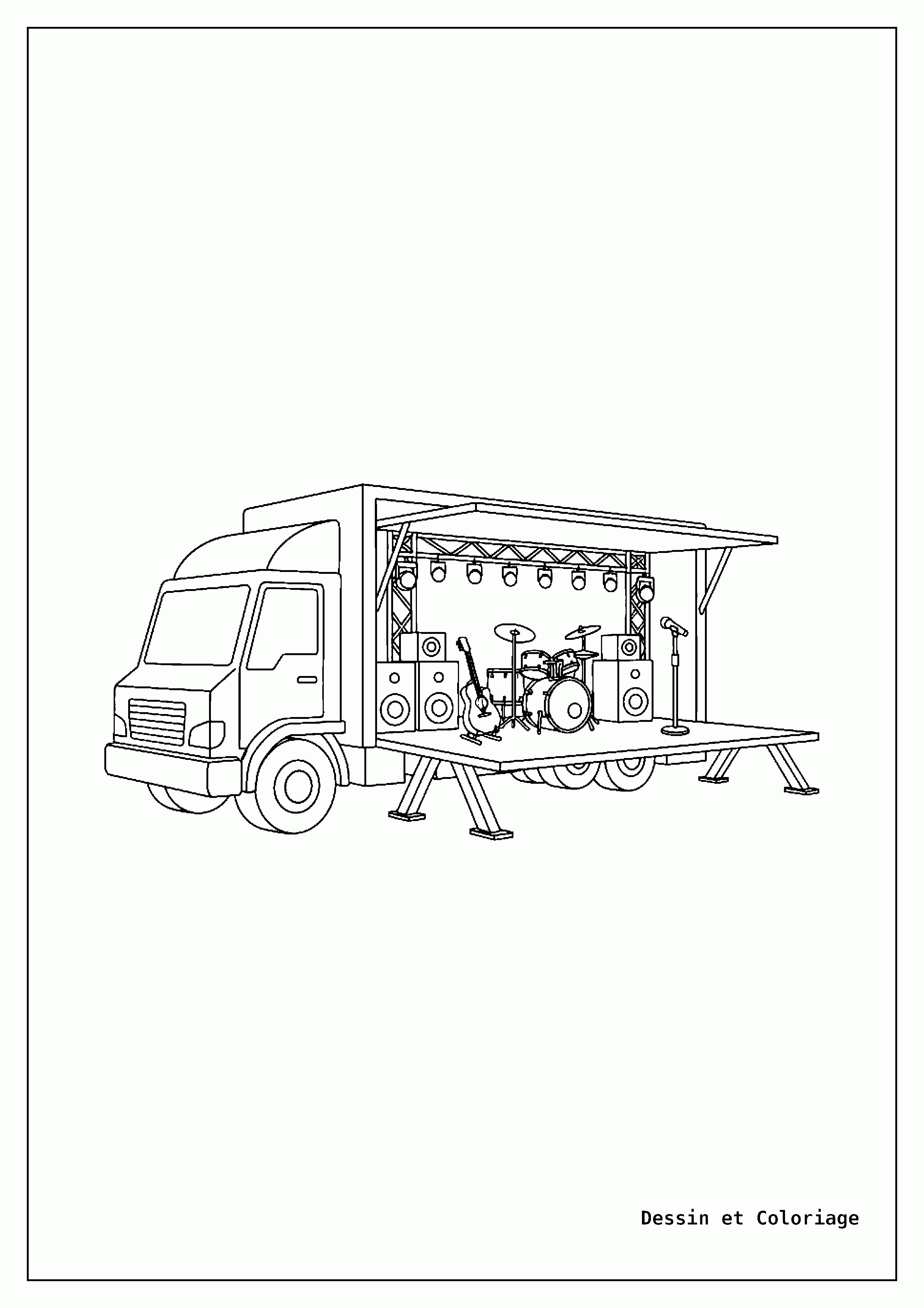 coloriage camion — Camion scène mobile avec une partie latérale dépliée, révélant une estrade pour des spectacles.