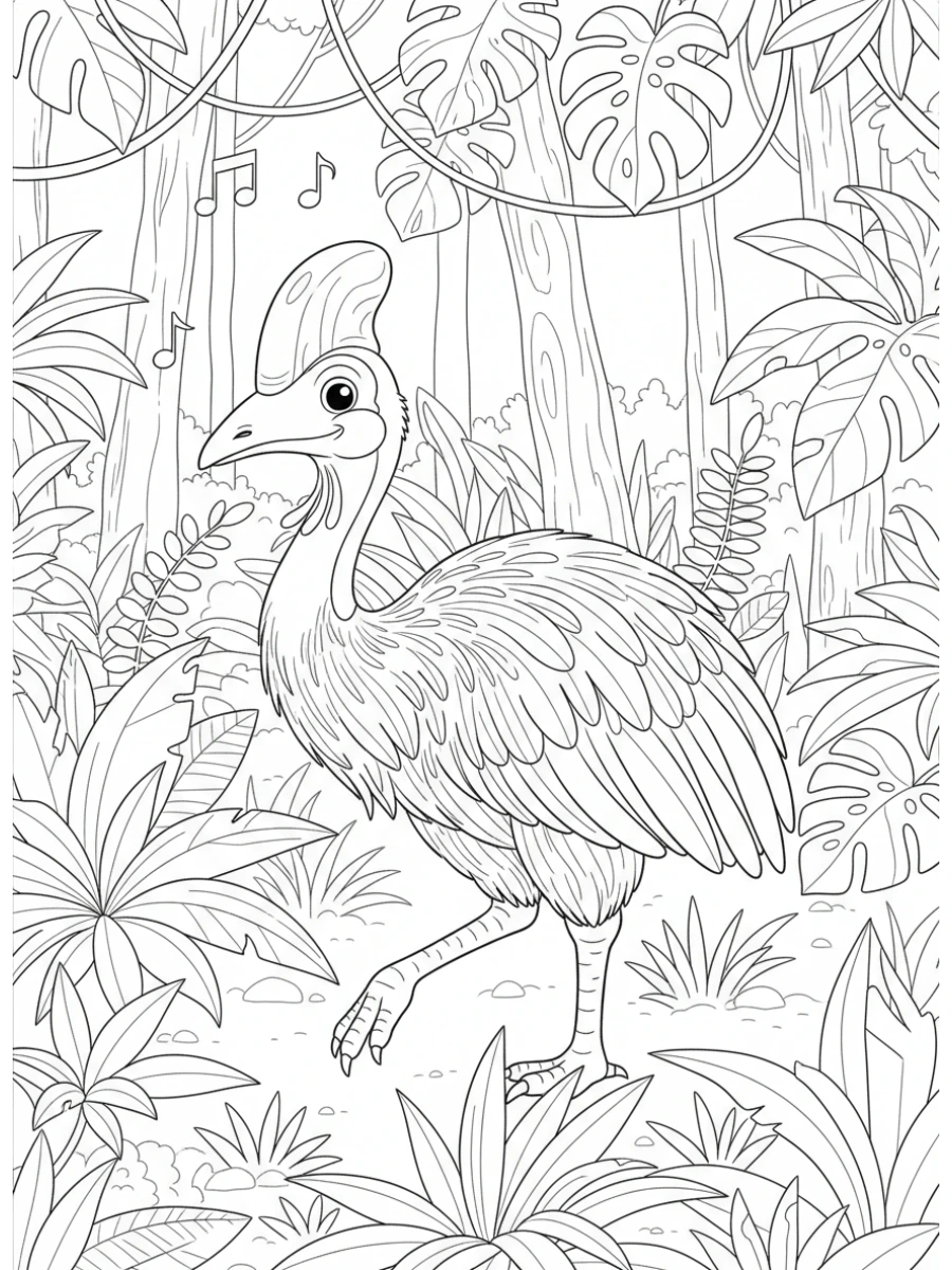 coloriage oiseau — Un casoar marche à travers le sous-bois dense d'une forêt tropicale.