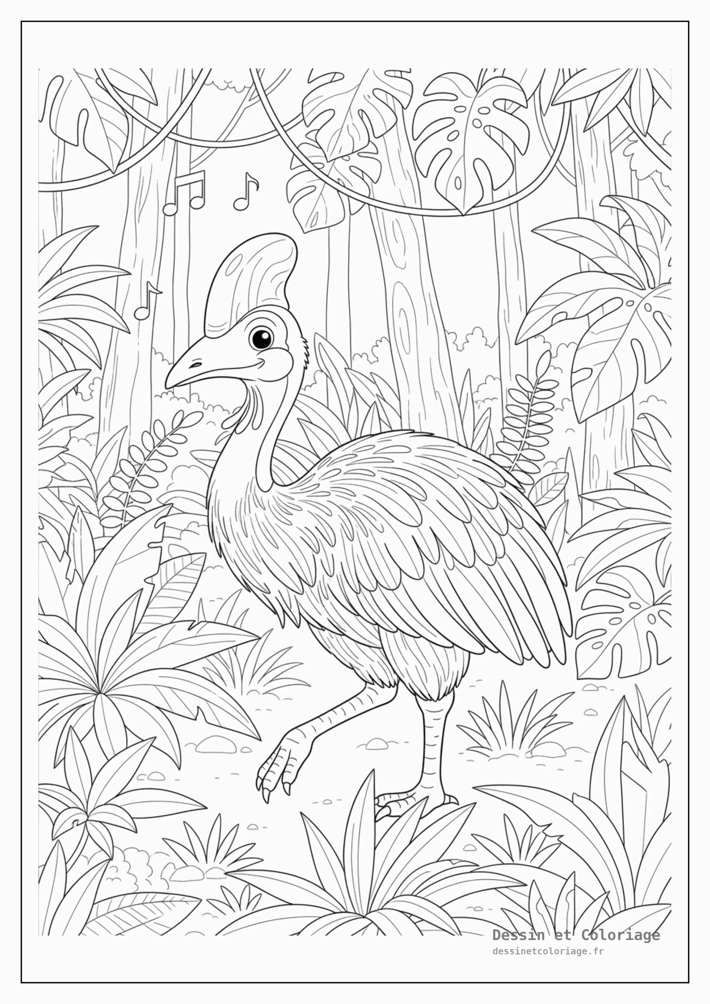 coloriage oiseau — Un casoar marche à travers le sous-bois dense d'une forêt tropicale.