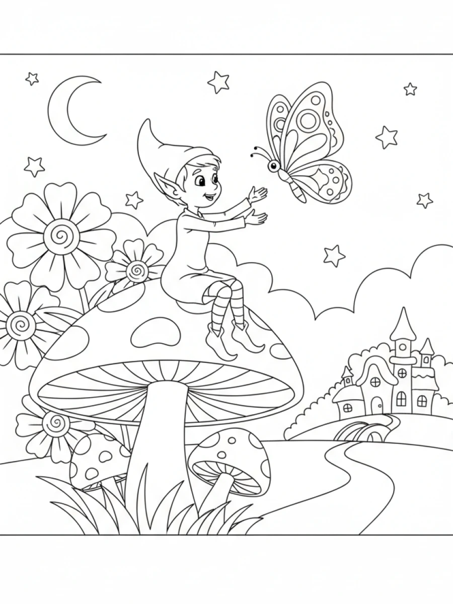 Coloriage Elfe sur un champignon