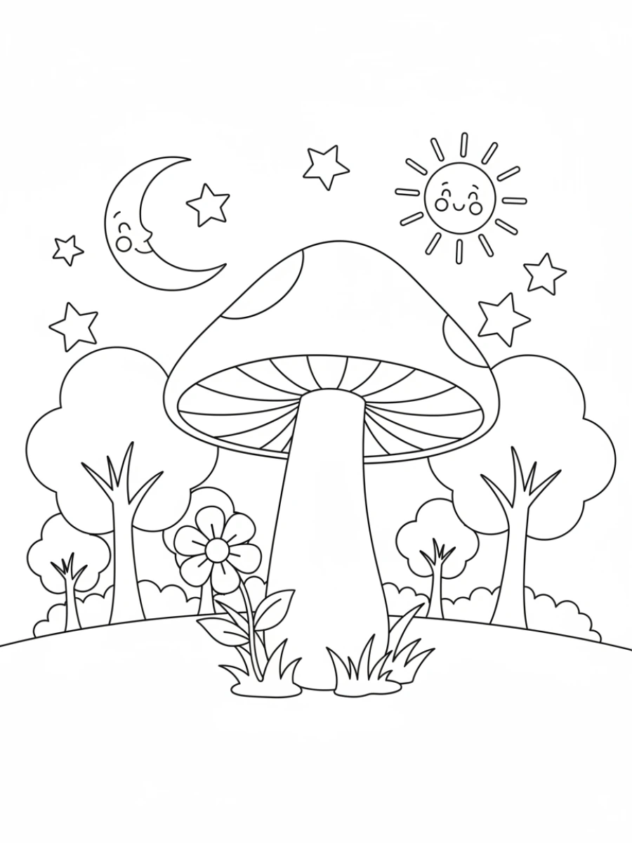 Coloriage Champignon fleuri sous le soleil