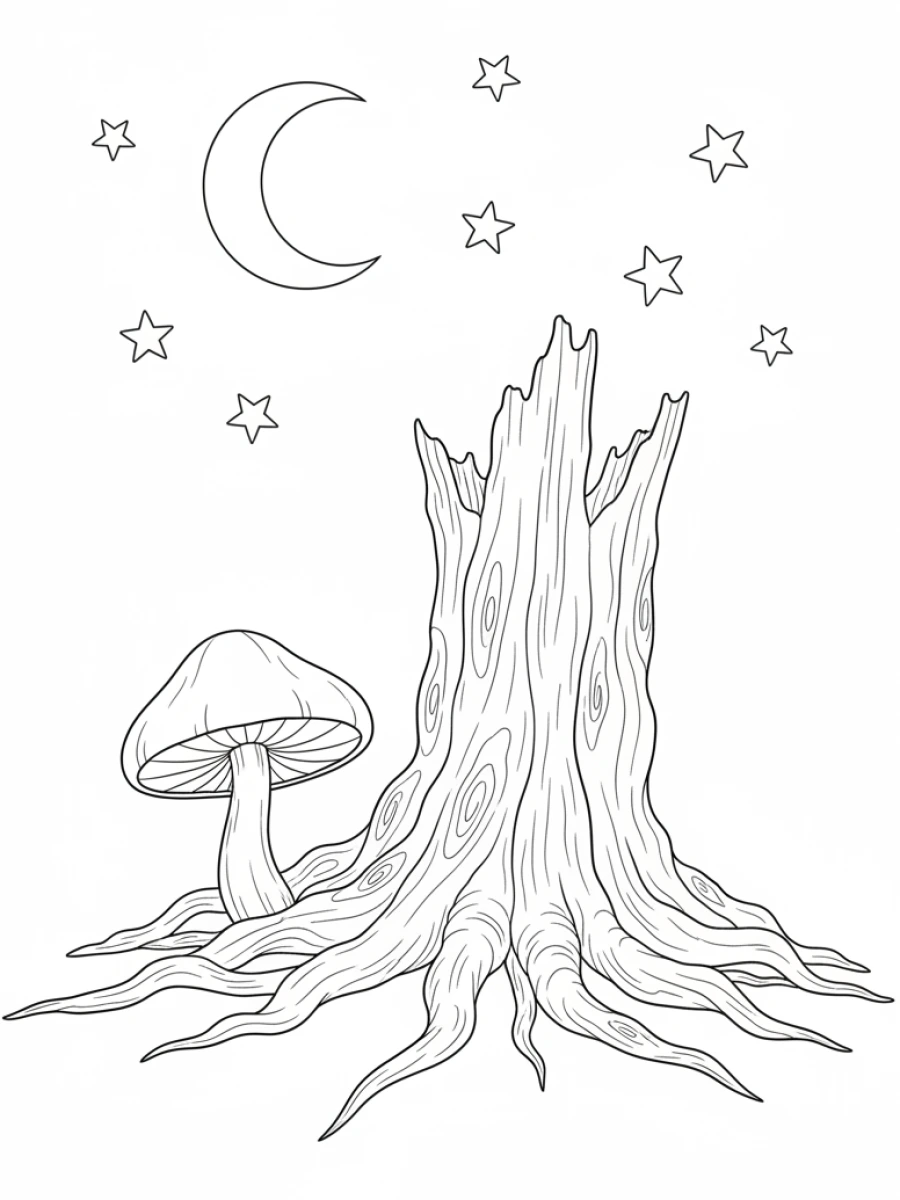 Coloriage Champignon au pied d'arbre
