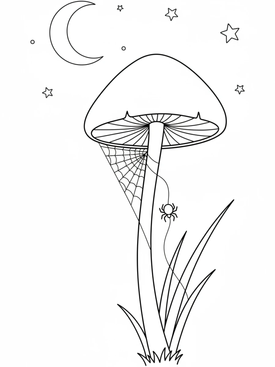 Coloriage Champignon et sa toile d'araignée