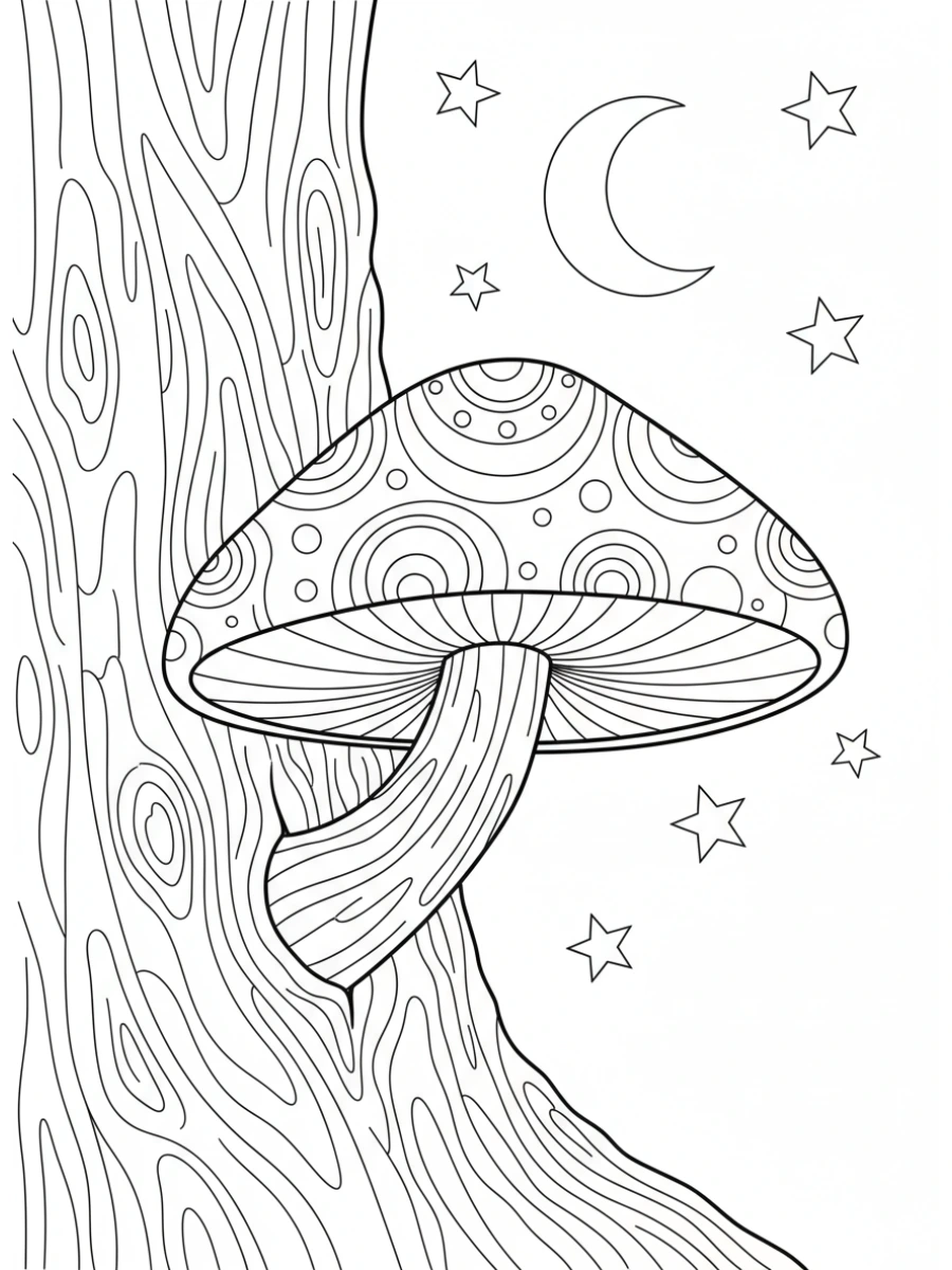 Coloriage Champignon sur un tronc d'arbre