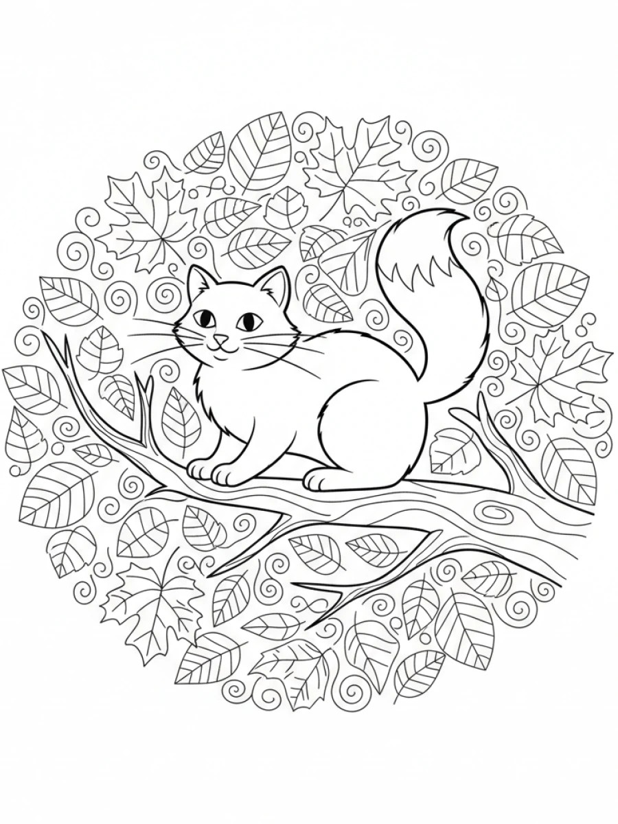 coloriage chat mandala — Chat perché sur une branche d'arbre, intégré dans un mandala composé de feuilles et de branches.