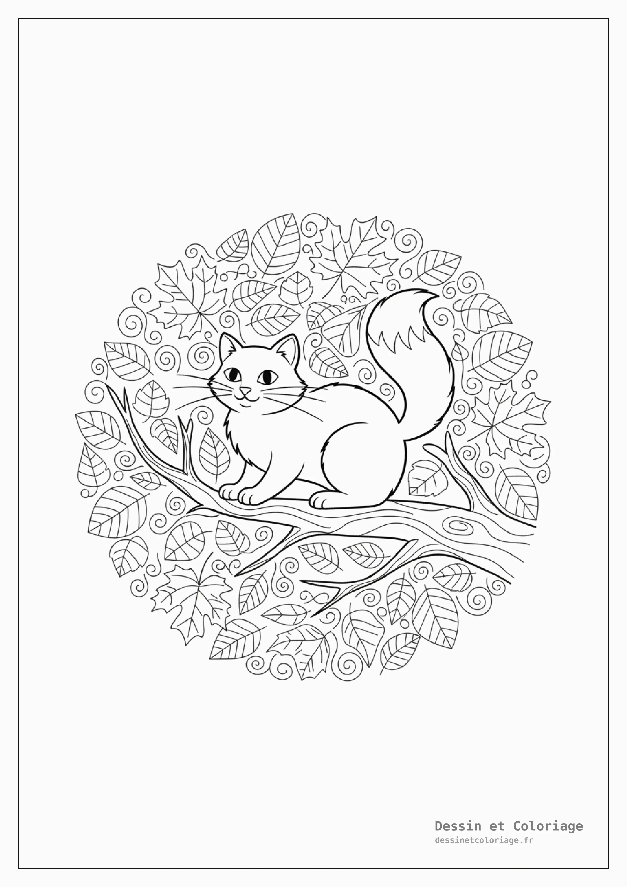 coloriage chat mandala — Chat perché sur une branche d'arbre, intégré dans un mandala composé de feuilles et de branches.