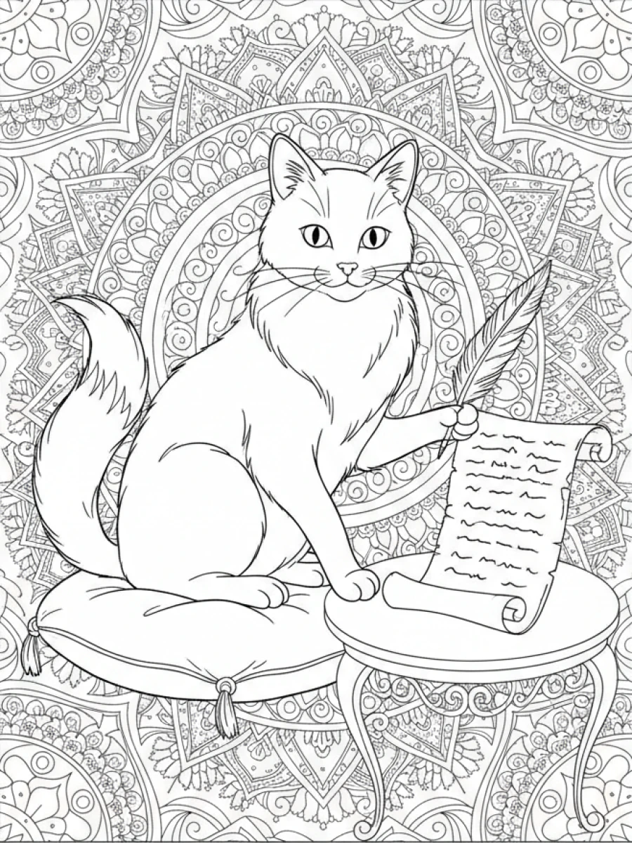 coloriage chat mandala — Un chat raffiné tient une plume et s'apprête à écrire sur un parchemin déroulé.