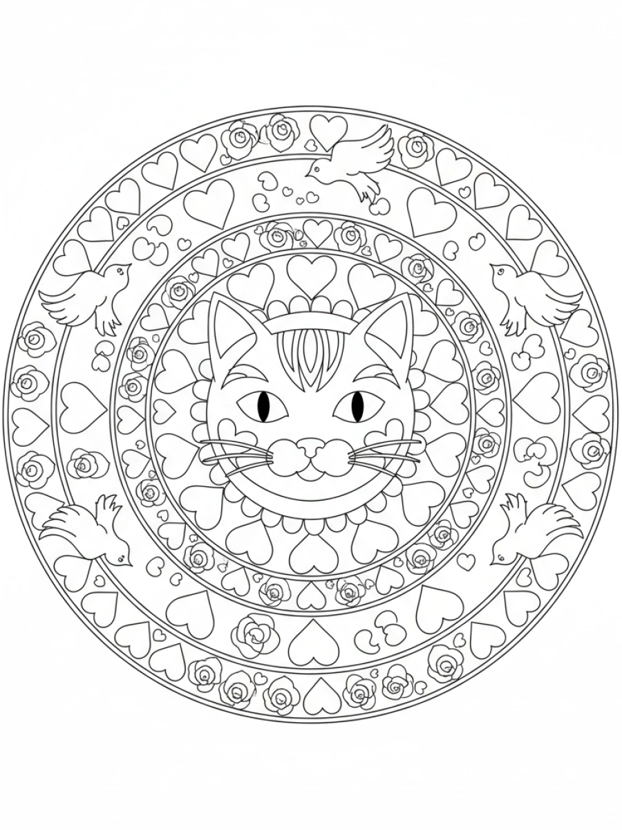 coloriage chat mandala — Chat entouré de nombreux cœurs et motifs romantiques, faisant partie d'un mandala sur le thème de l'amour.
