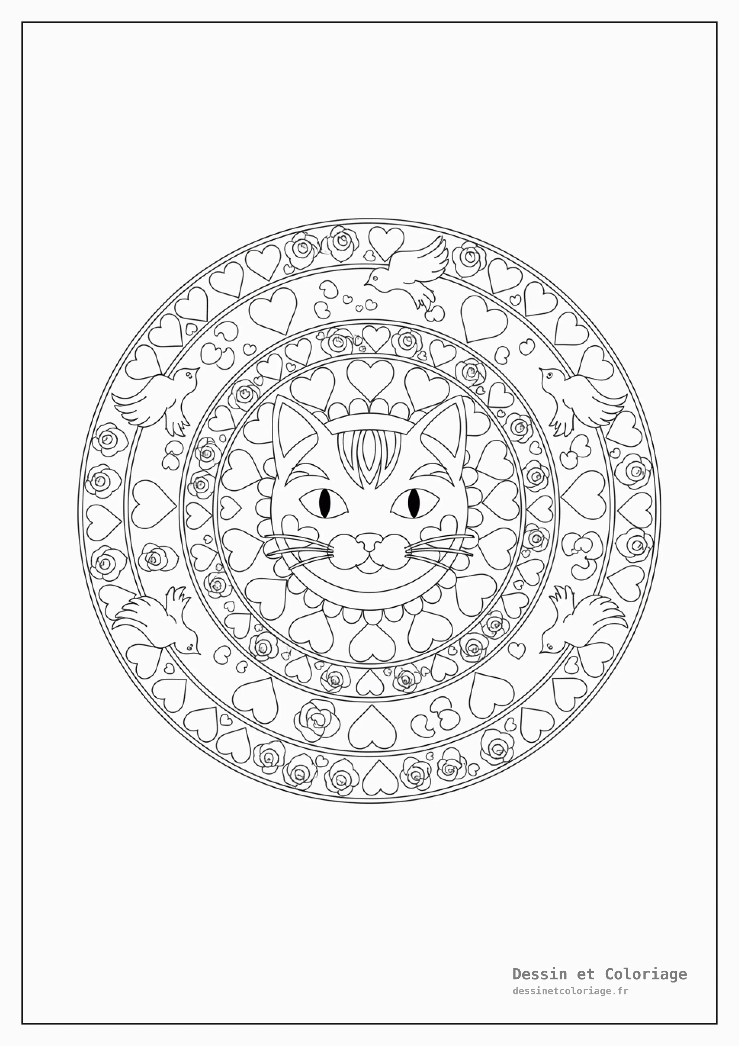 coloriage chat mandala — Chat entouré de nombreux cœurs et motifs romantiques, faisant partie d'un mandala sur le thème de l'amour.