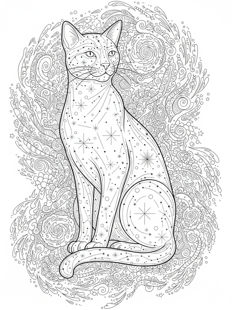 coloriage chat mandala — Un chat cosmique composé de constellations, entouré d'une voie lactée tourbillonnante.