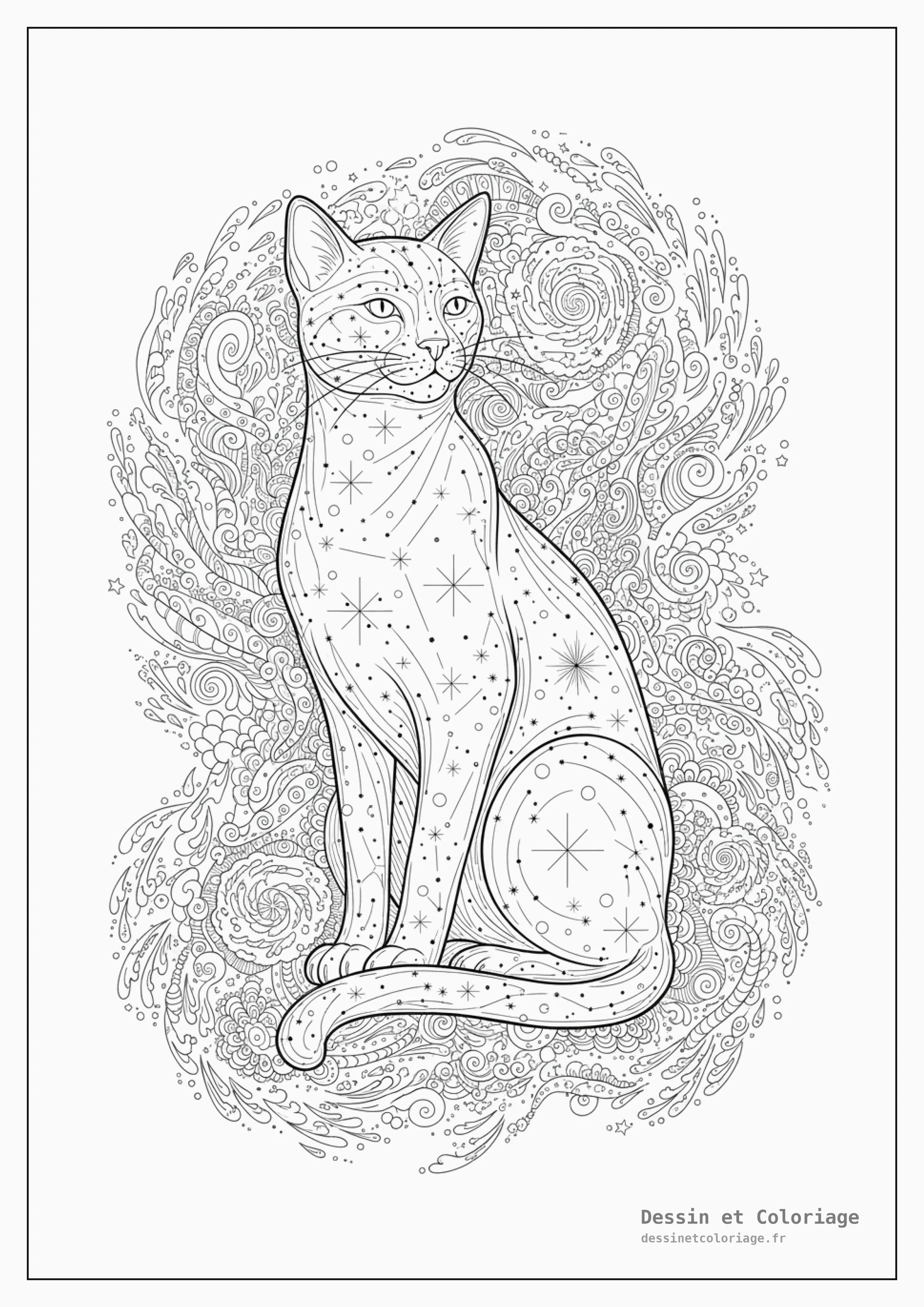coloriage chat mandala — Un chat cosmique composé de constellations, entouré d'une voie lactée tourbillonnante.