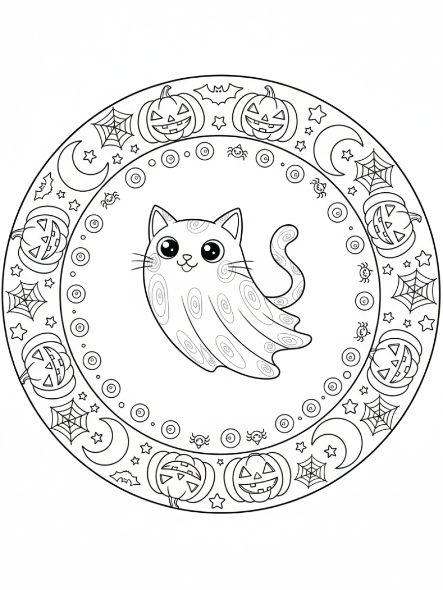 coloriage chat mandala — Chat fantôme flottant dans un mandala d'Halloween avec des citrouilles et des toiles d'araignée.