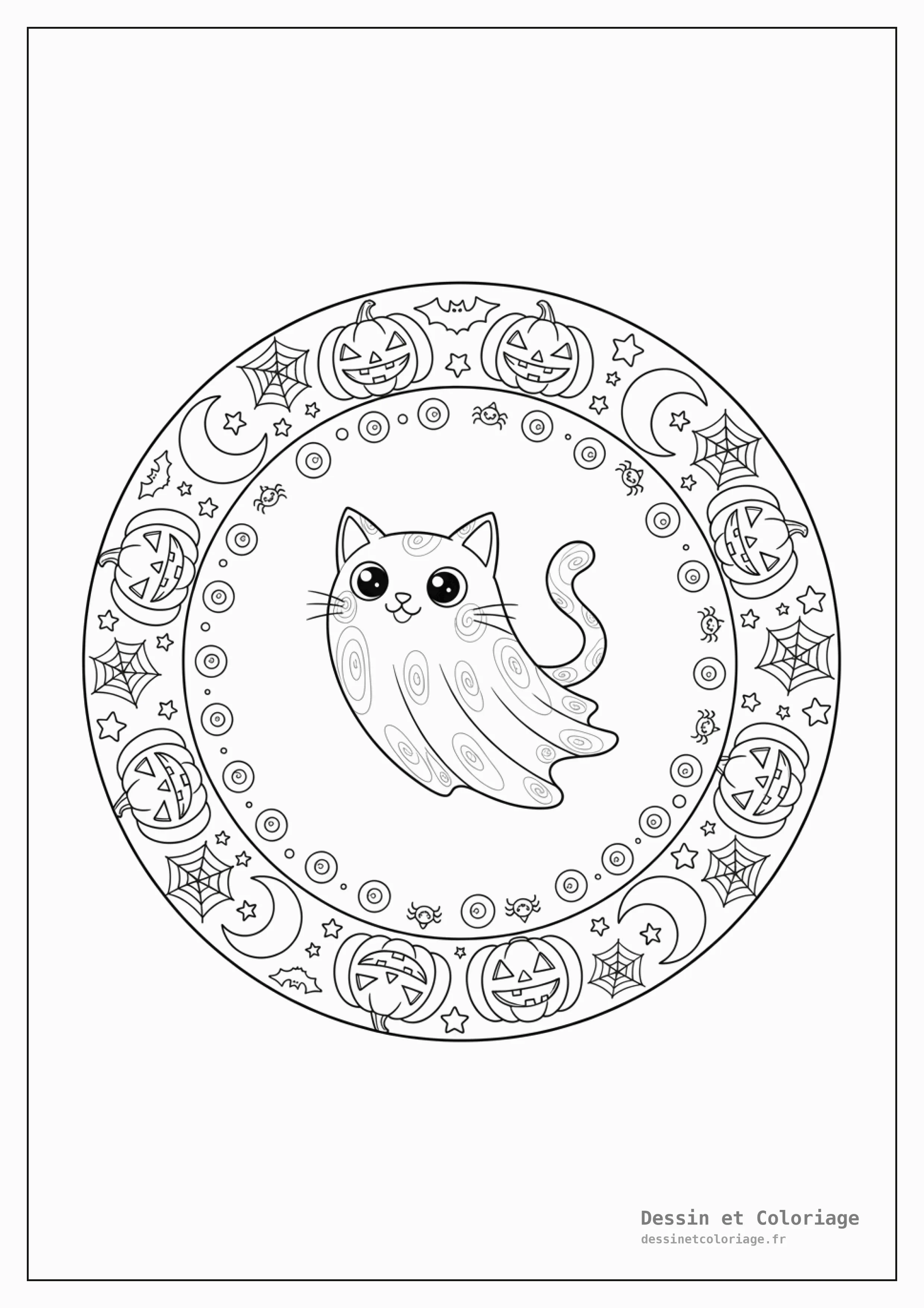 coloriage chat mandala — Chat fantôme flottant dans un mandala d'Halloween avec des citrouilles et des toiles d'araignée.