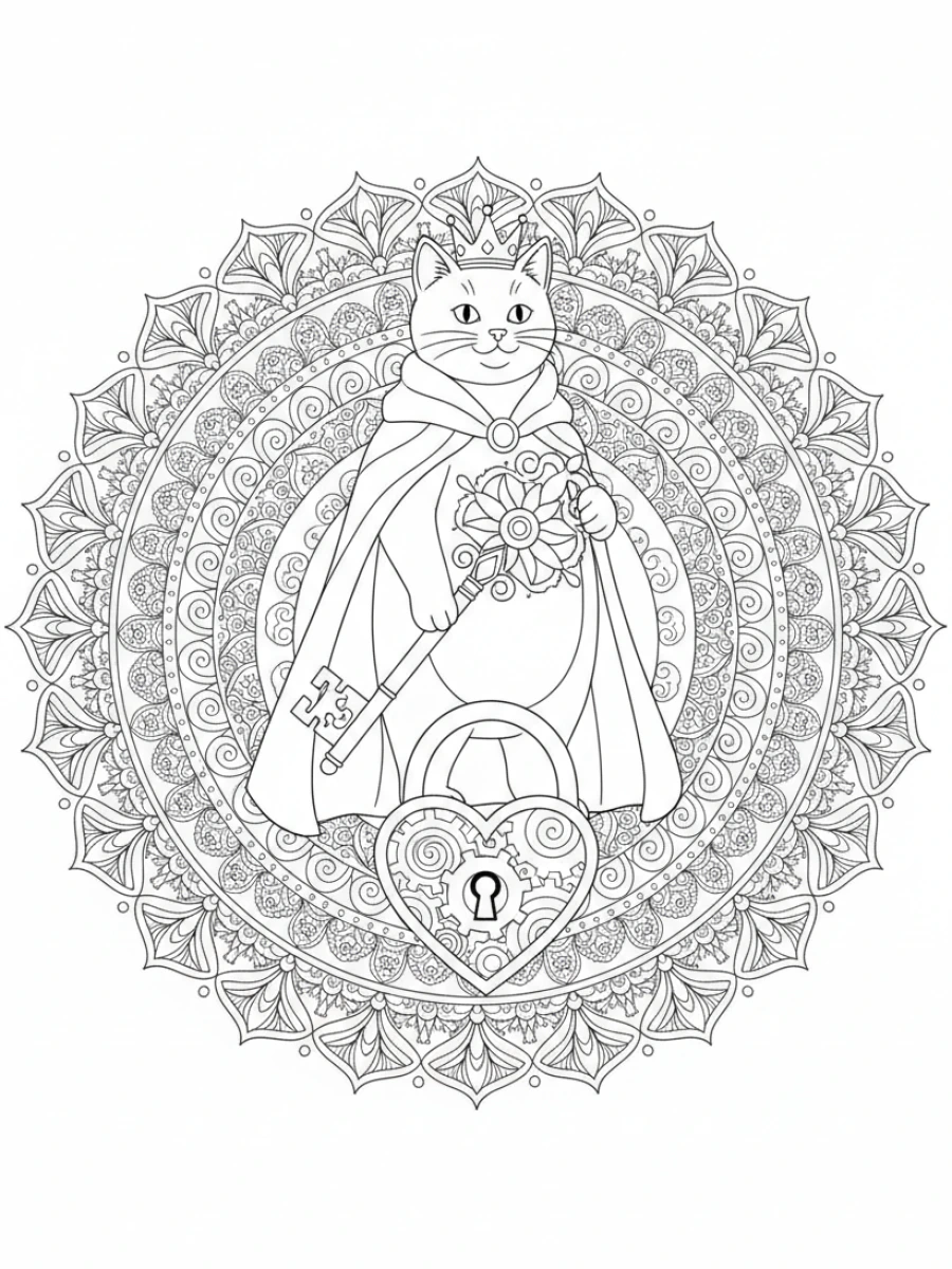 coloriage chat mandala — Un chat royal tient une clé ancienne et monte la garde devant une serrure symbolique.