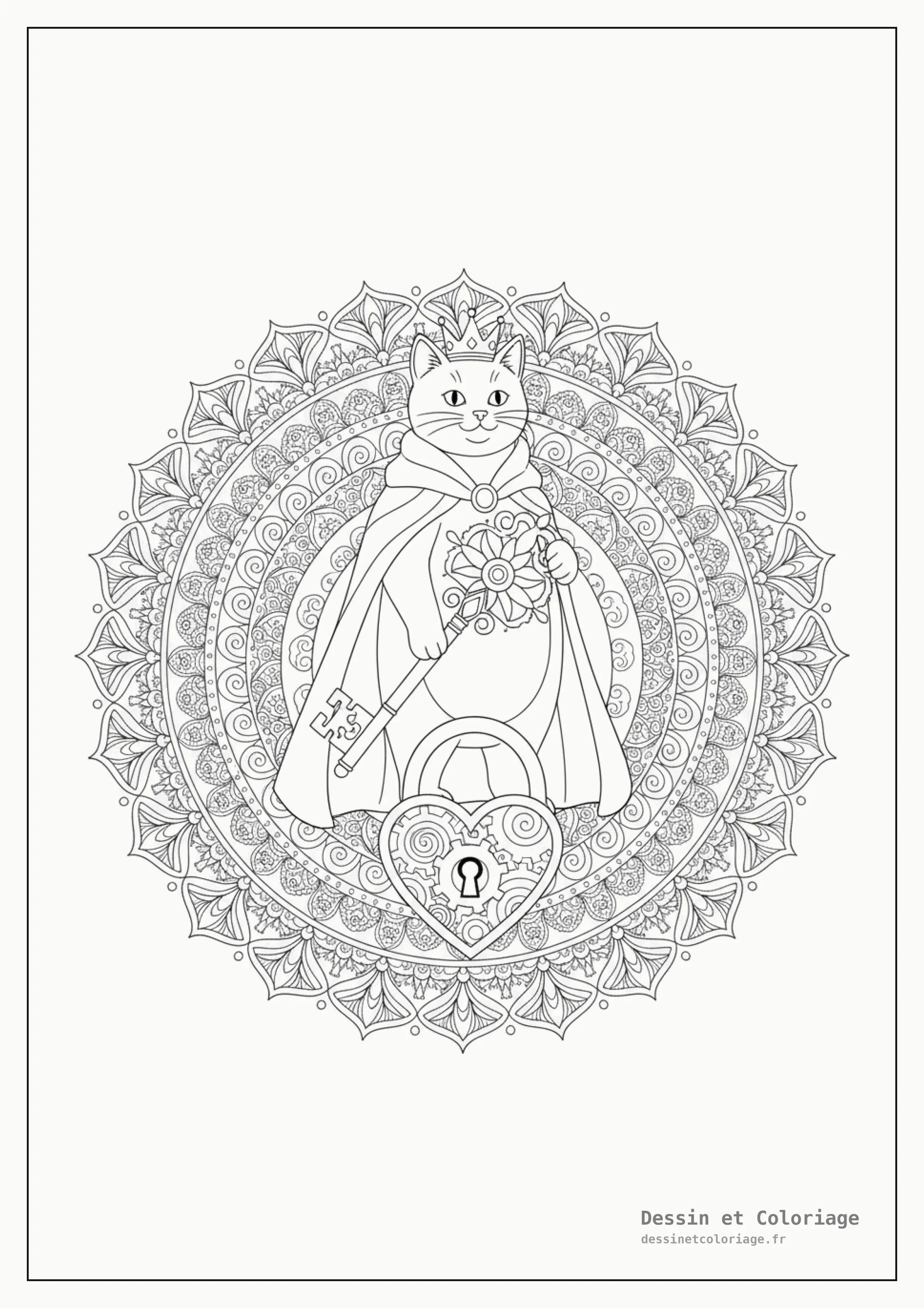 coloriage chat mandala — Un chat royal tient une clé ancienne et monte la garde devant une serrure symbolique.