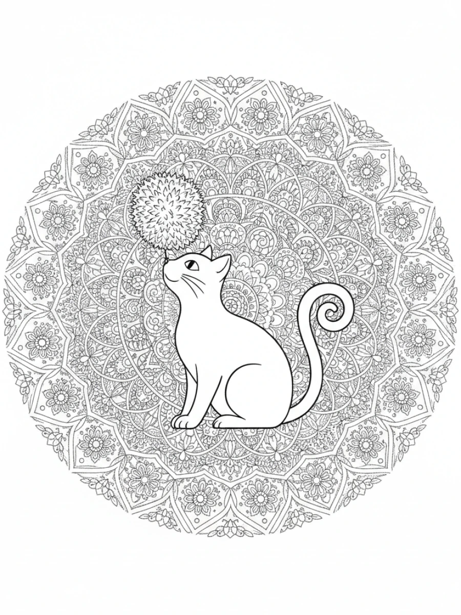 coloriage chat mandala — Un chat joueur fait l'équilibre avec un pompon sur son nez, entouré de motifs complexes.