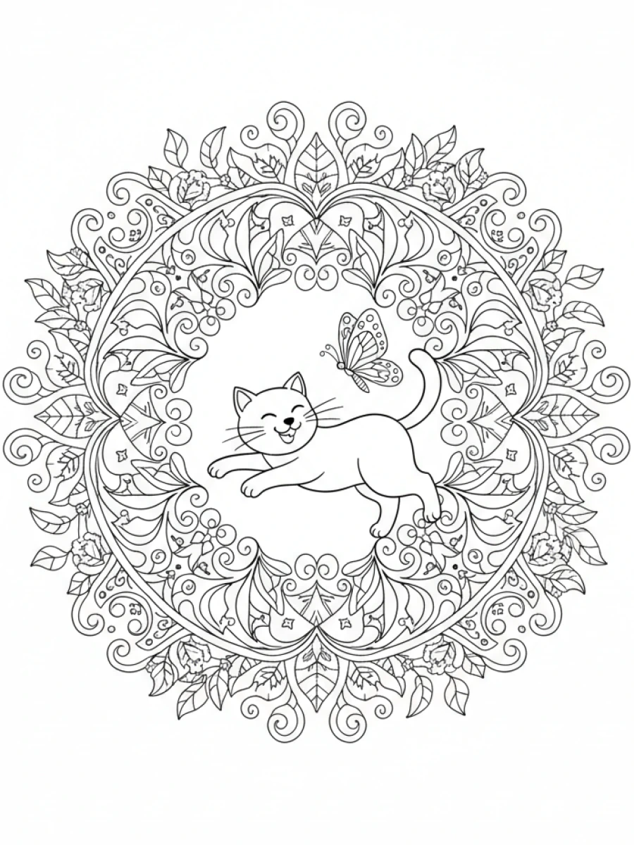 coloriage chat mandala — Chat jouant avec un papillon, tous deux fusionnés dans un mandala sur le thème de la nature.