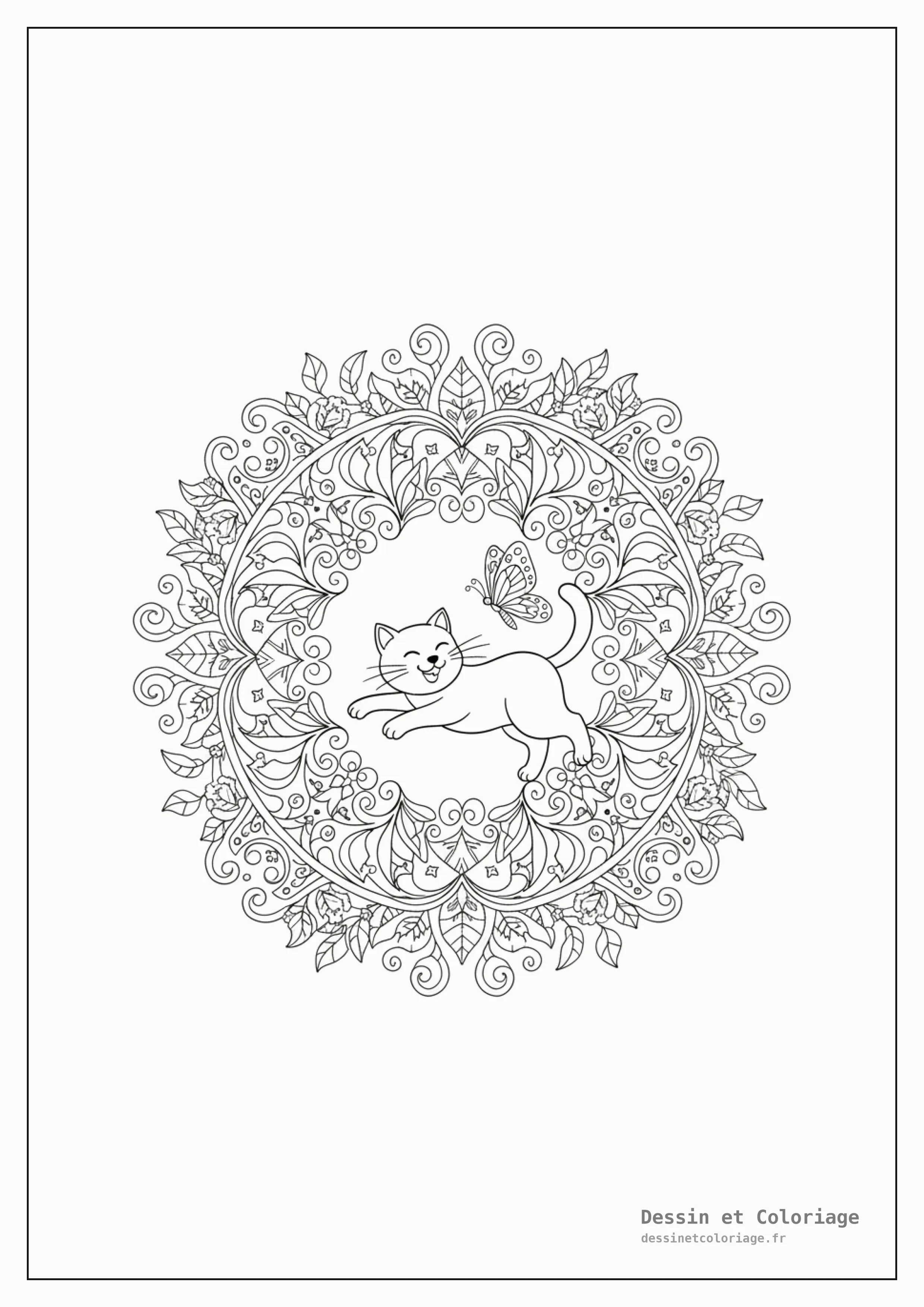 coloriage chat mandala — Chat jouant avec un papillon, tous deux fusionnés dans un mandala sur le thème de la nature.