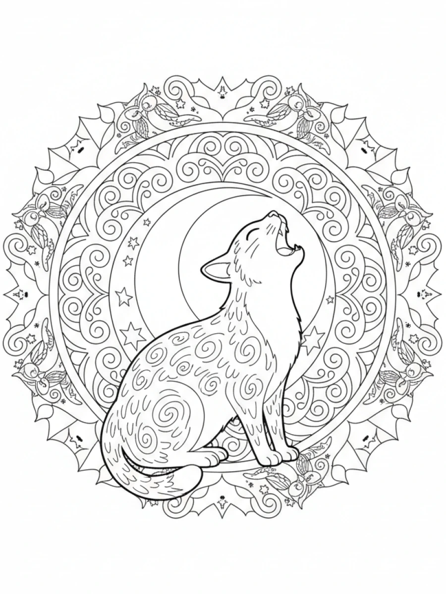 coloriage chat mandala — Chat observant la lune, faisant partie d'un mandala nocturne avec des étoiles filantes.