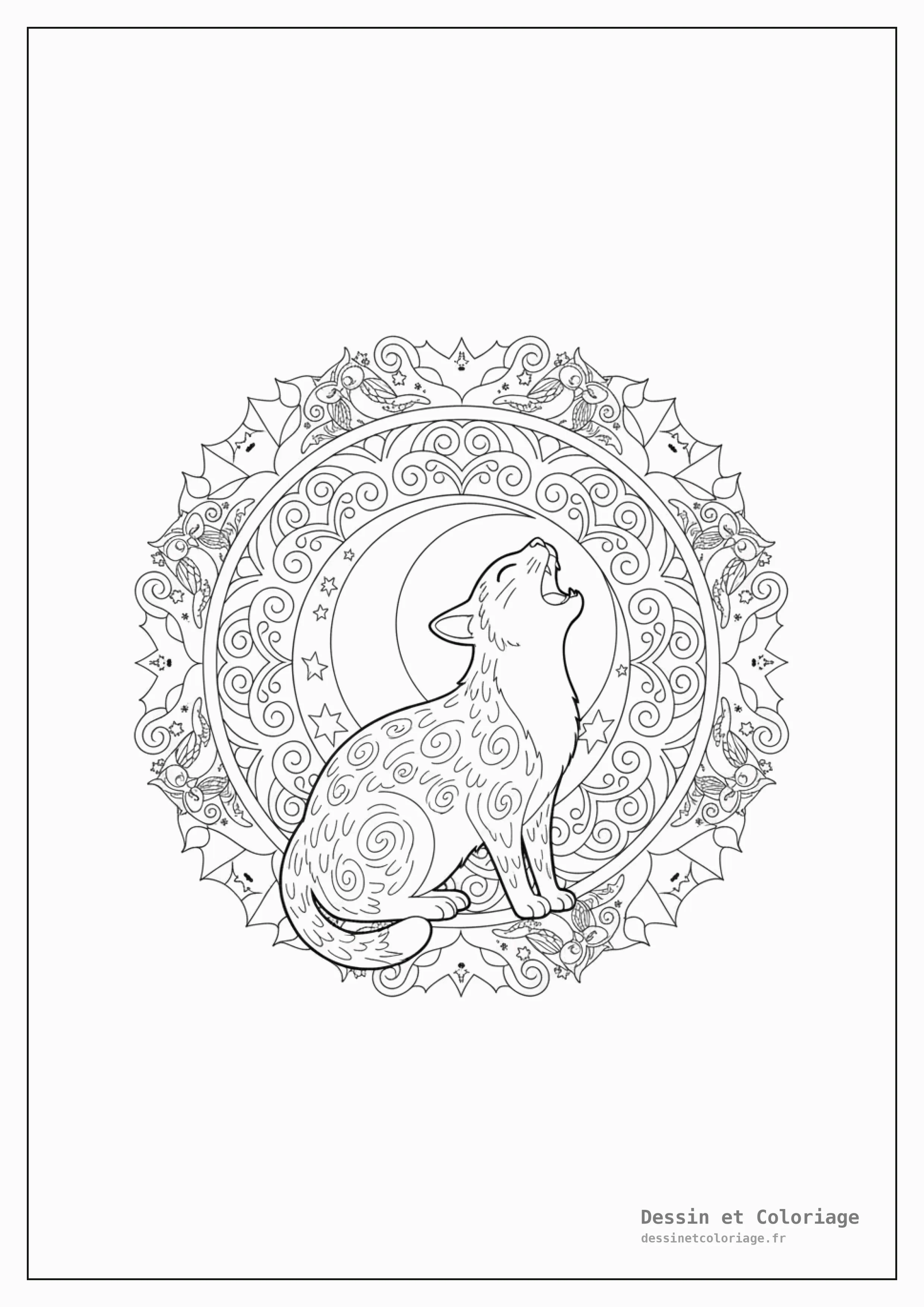 coloriage chat mandala — Chat observant la lune, faisant partie d'un mandala nocturne avec des étoiles filantes.