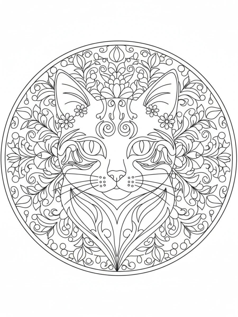 coloriage chat mandala — Tête de chat stylisée au centre d'un mandala floral complexe, entourée de pétales et de feuilles délicates.