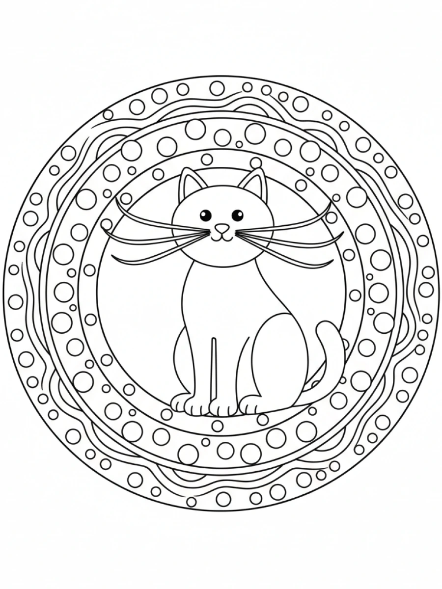 coloriage chat mandala — Chat avec des moustaches bien visibles, intégré dans un mandala fantaisiste à pois et bulles.