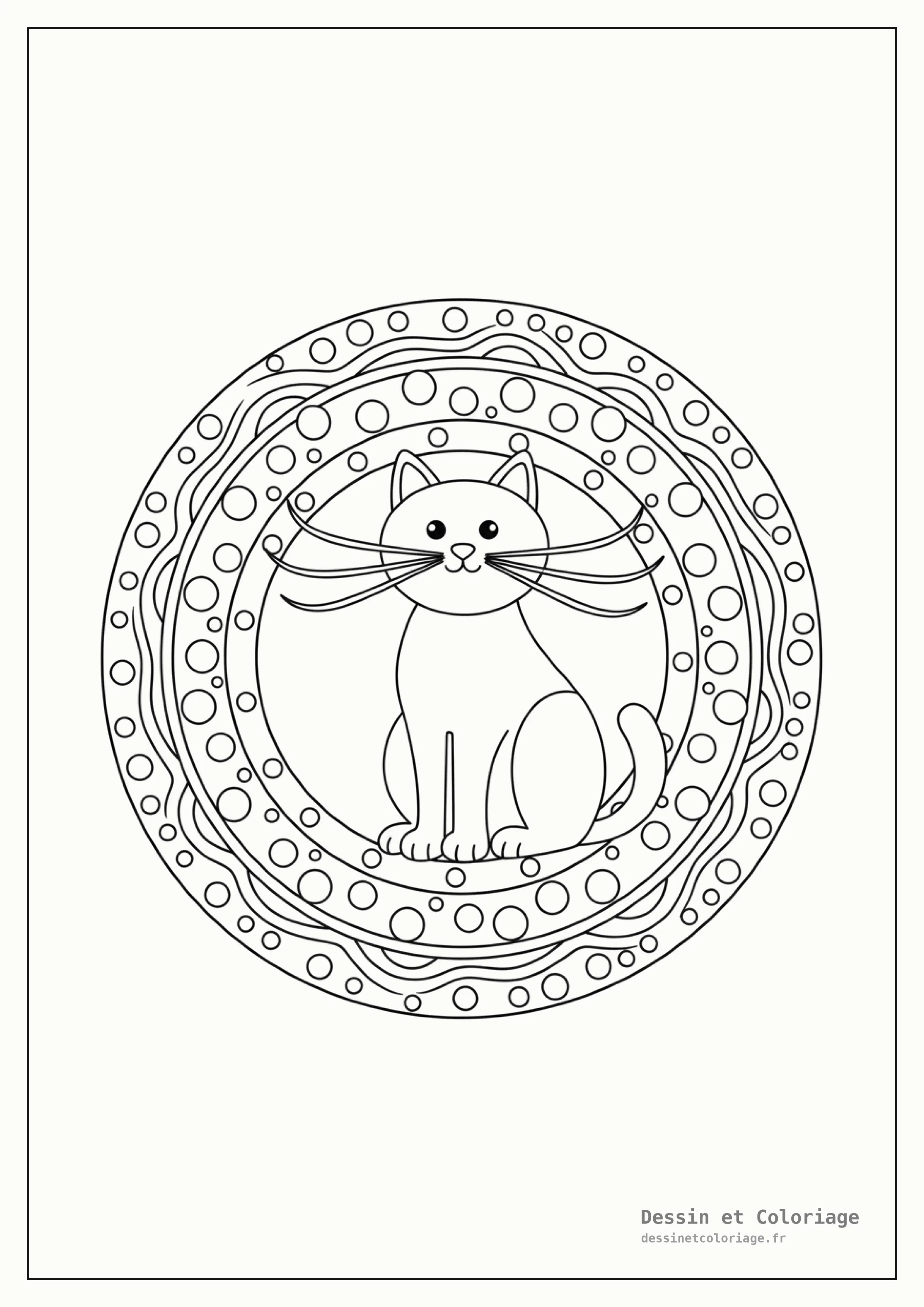 coloriage chat mandala — Chat avec des moustaches bien visibles, intégré dans un mandala fantaisiste à pois et bulles.