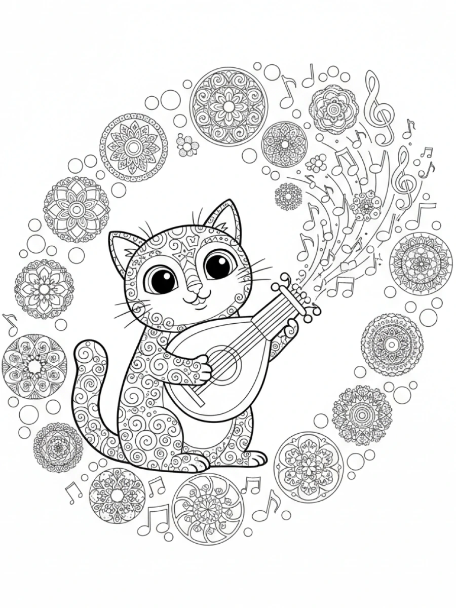 coloriage chat mandala — Un chat joyeux joue d'une lyre, entouré de notes de musique et de motifs harmonieux.