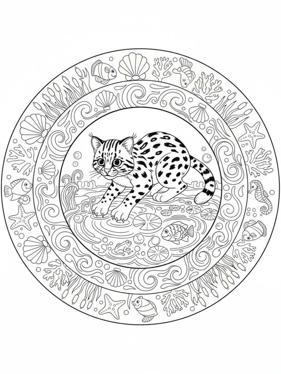 coloriage chat mandala — Chat pêcheur tentant d'attraper un poisson, entouré d'un mandala avec des éléments aquatiques.