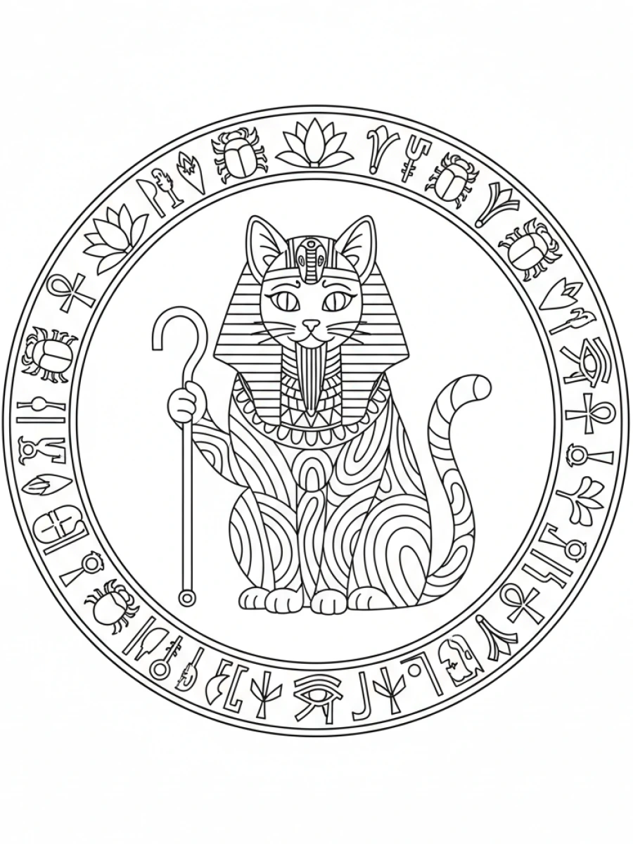 coloriage chat mandala — Chat déguisé en pharaon, trônant au centre d'un mandala aux motifs égyptiens antiques et hiéroglyphes.