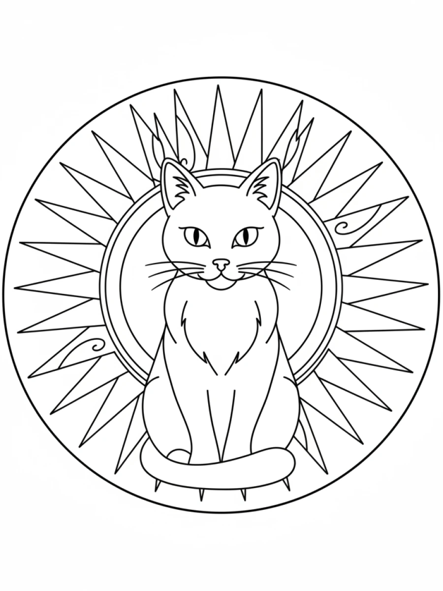 coloriage chat mandala — Chat au regard perçant, assis au centre d'un mandala lumineux évoquant le soleil et ses rayons.