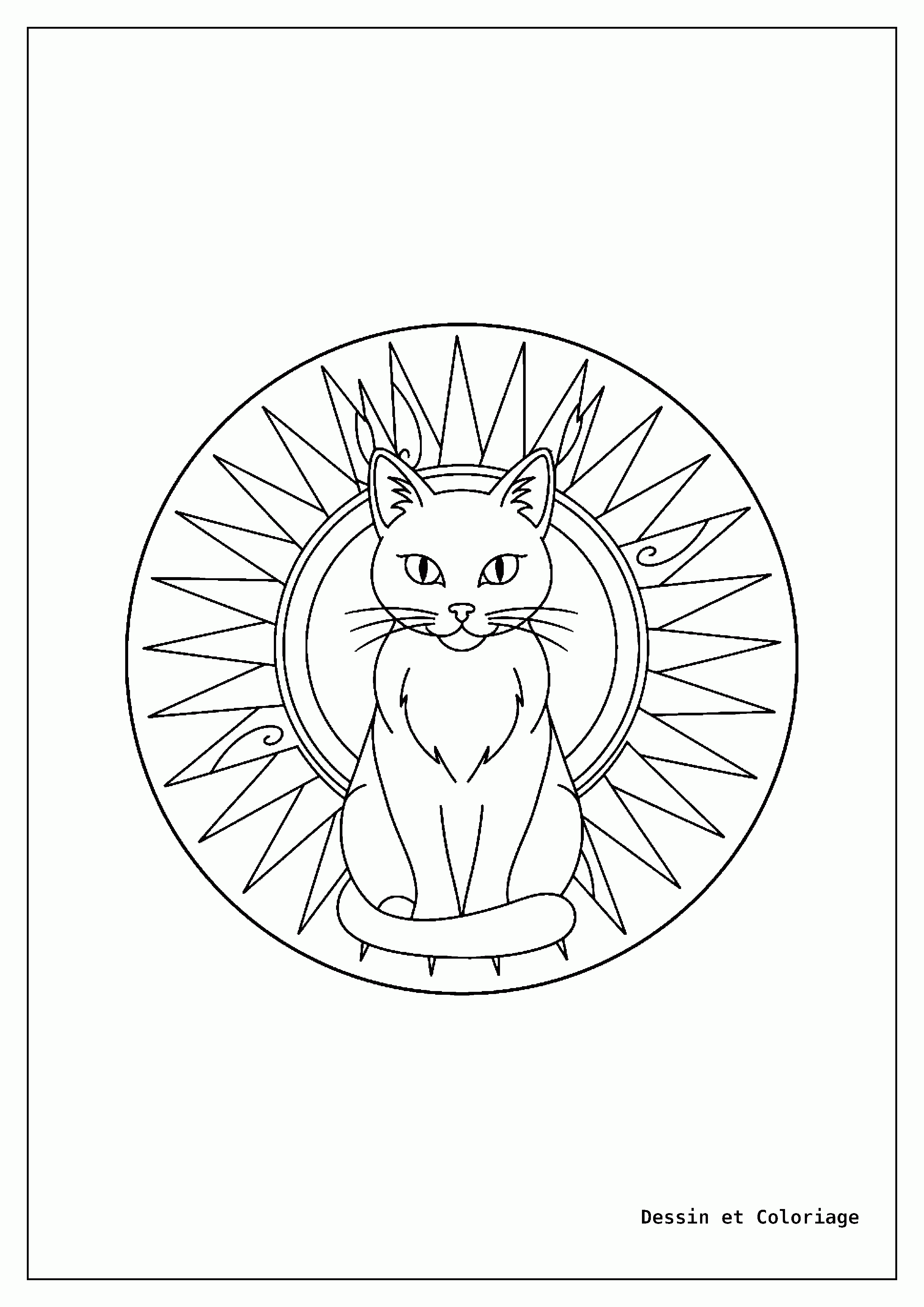 coloriage chat mandala — Chat au regard perçant, assis au centre d'un mandala lumineux évoquant le soleil et ses rayons.