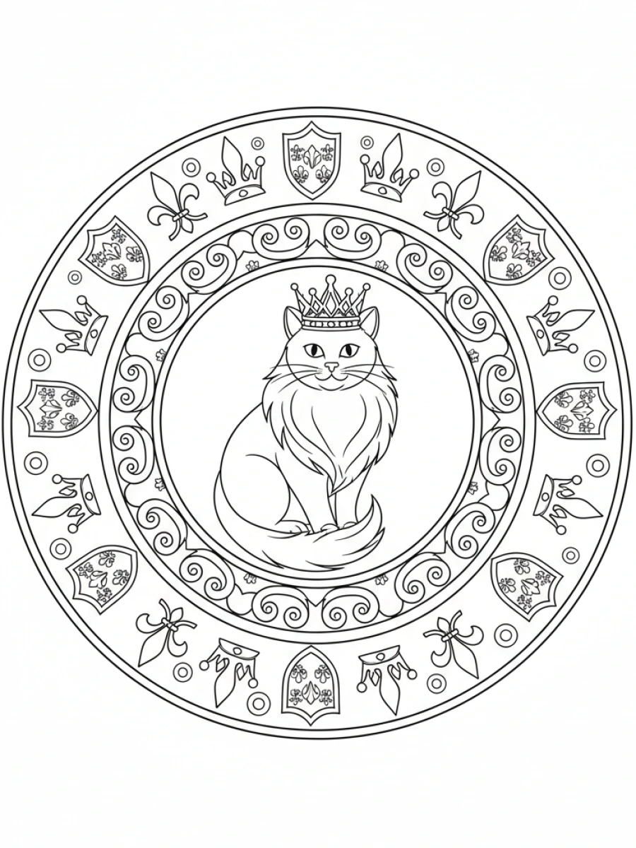 coloriage chat mandala — Chat royal portant une couronne, au centre d'un mandala orné de motifs héraldiques et de joyaux.