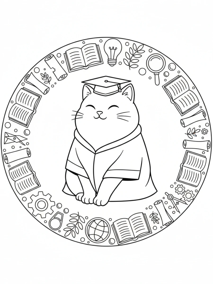 coloriage chat mandala — Chat savant entouré de livres ouverts et de symboles du savoir, formant un mandala académique.