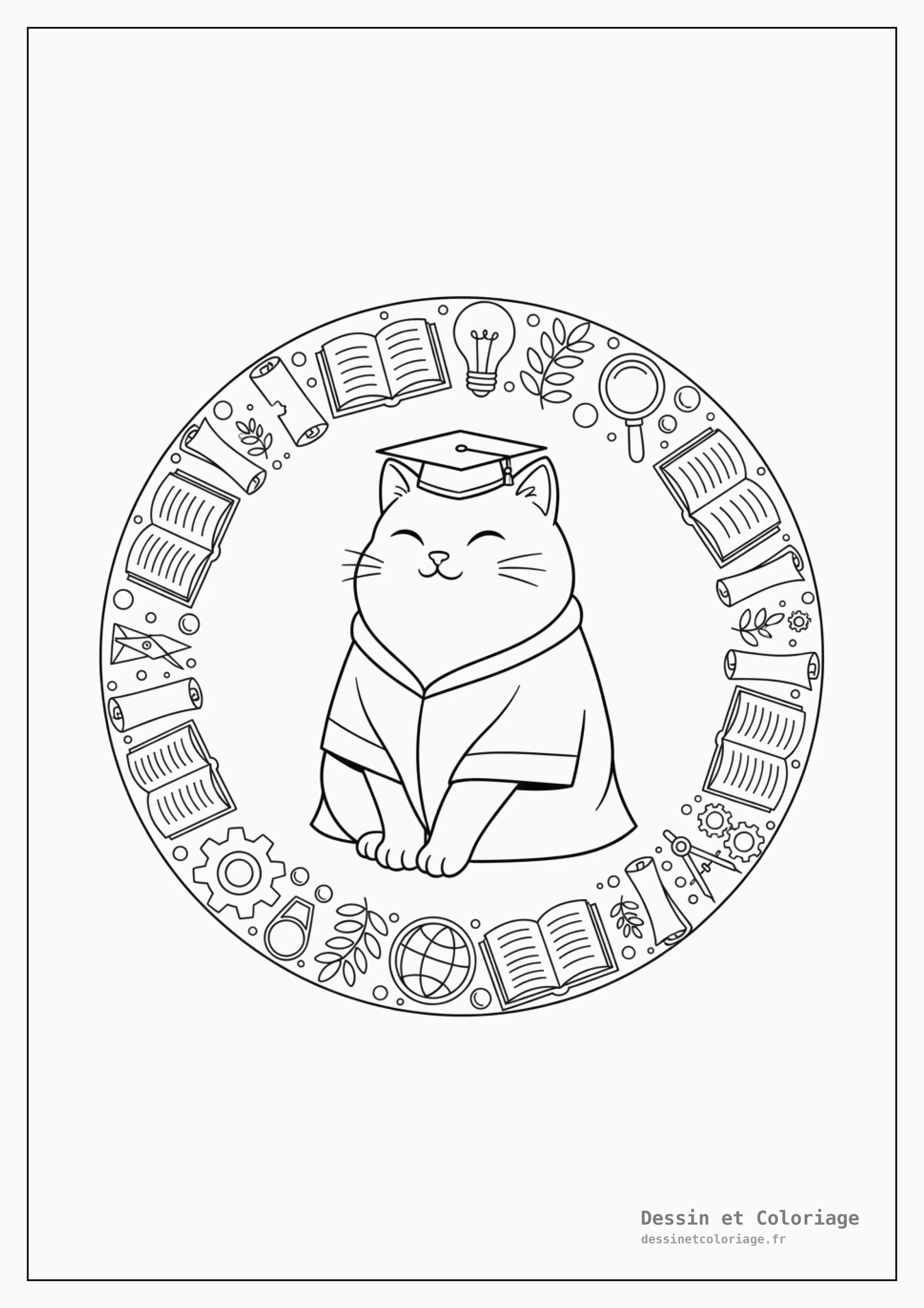coloriage chat mandala — Chat savant entouré de livres ouverts et de symboles du savoir, formant un mandala académique.