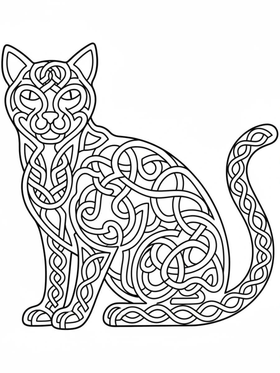 coloriage chat mandala — Figure de chat stylisée, entrelacée dans un complexe motif de nœud celtique formant un mandala.