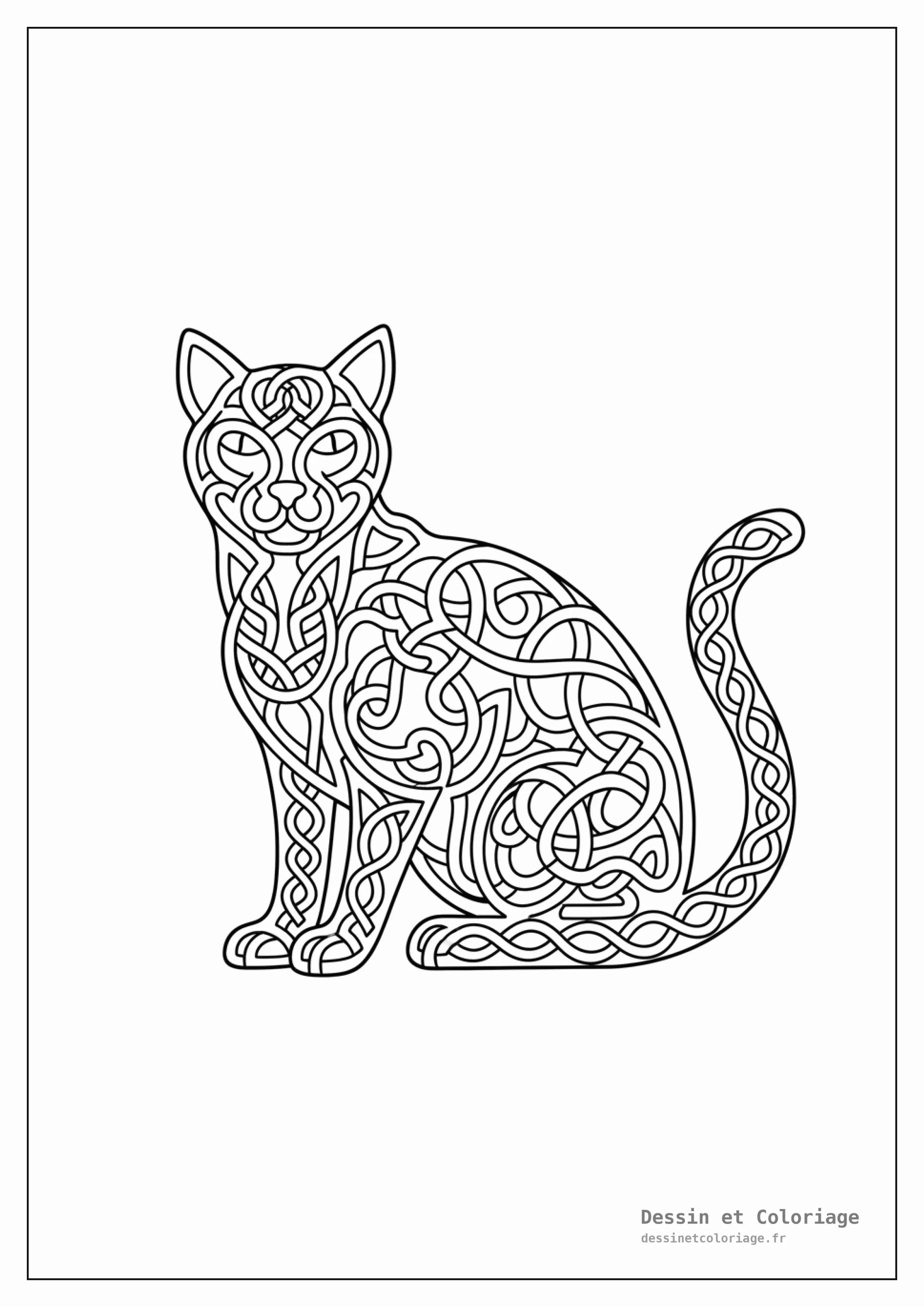 coloriage chat mandala — Figure de chat stylisée, entrelacée dans un complexe motif de nœud celtique formant un mandala.
