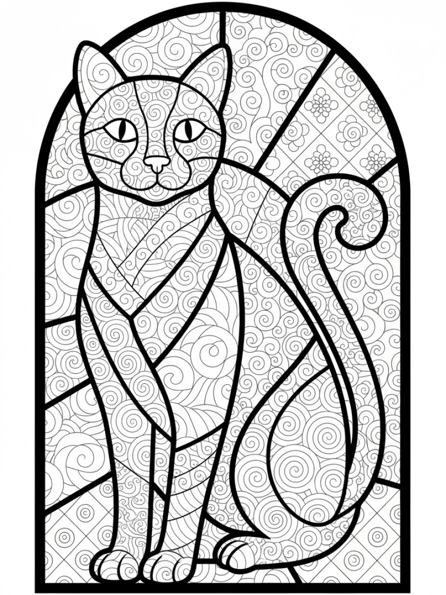 coloriage chat mandala — Un chat stylisé façon vitrail, rempli de motifs géométriques et de lignes épaisses.