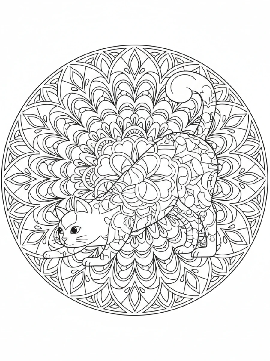 coloriage chat mandala — Chat en posture de yoga, méditant au centre d'un mandala zen avec des symboles apaisants.