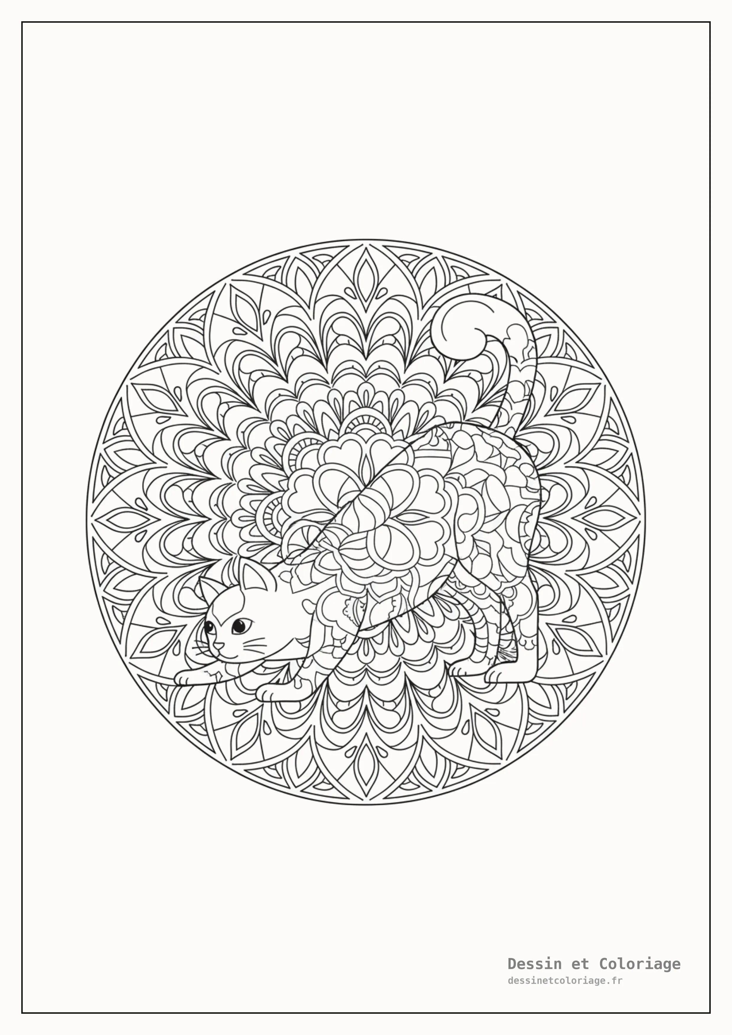 coloriage chat mandala — Chat en posture de yoga, méditant au centre d'un mandala zen avec des symboles apaisants.