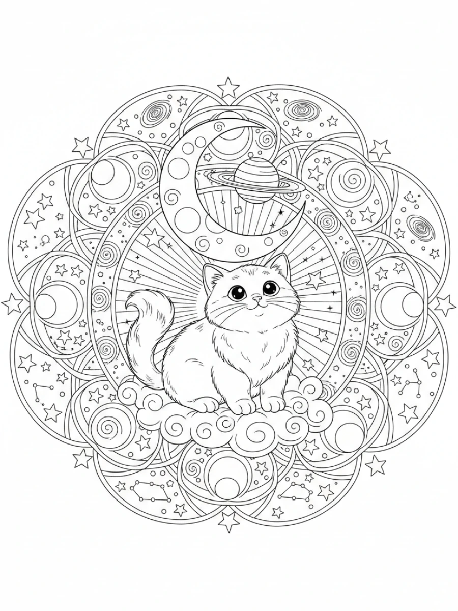 coloriage chaton mandala — Chaton observant les étoiles et planètes, intégré dans un mandala céleste avec des lunes.