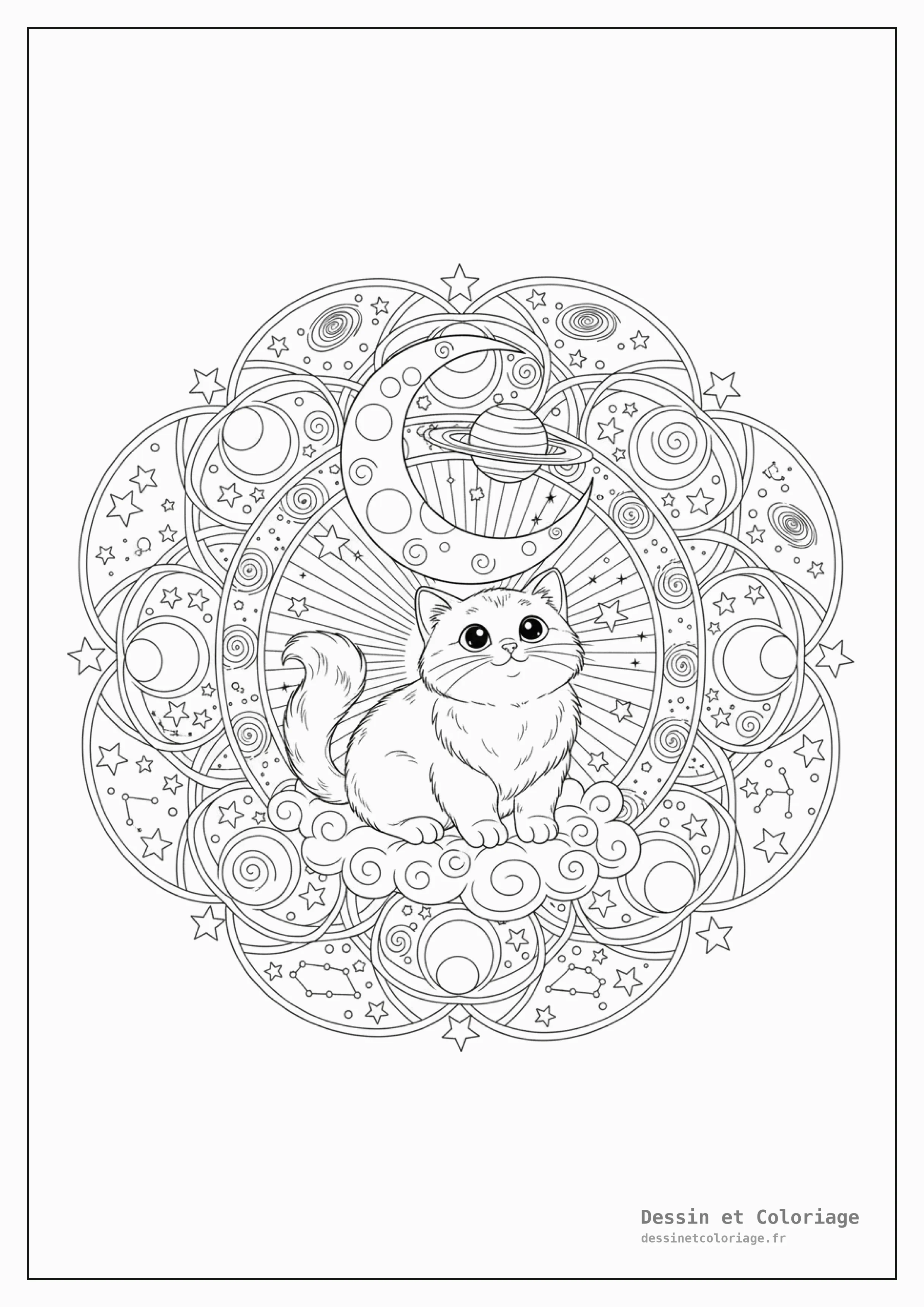 coloriage chaton mandala — Chaton observant les étoiles et planètes, intégré dans un mandala céleste avec des lunes.