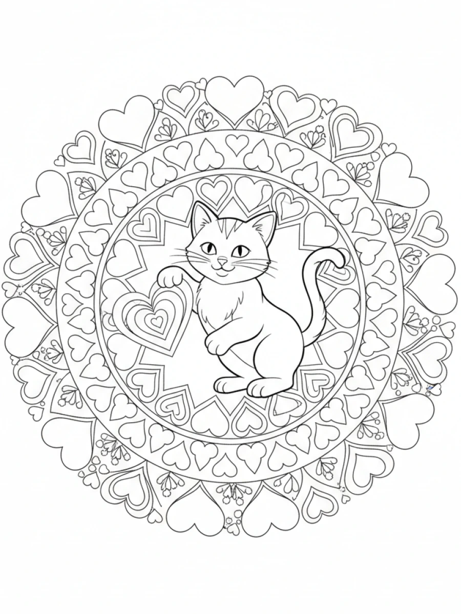 coloriage chaton mandala — Chaton enjoué, entouré de motifs mandala en forme de cœurs, symbolisant l'amour et l'affection.