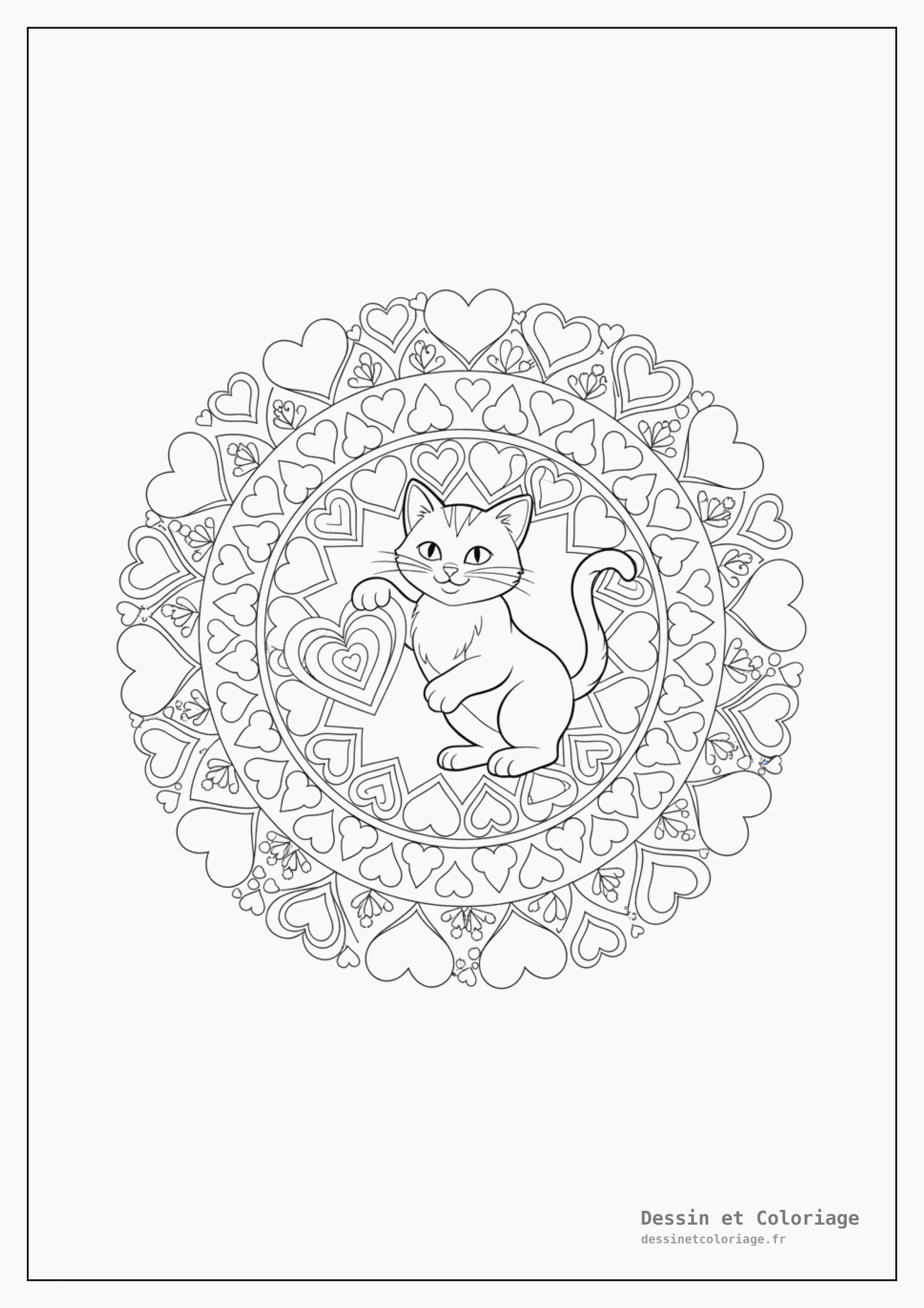 coloriage chaton mandala — Chaton enjoué, entouré de motifs mandala en forme de cœurs, symbolisant l'amour et l'affection.