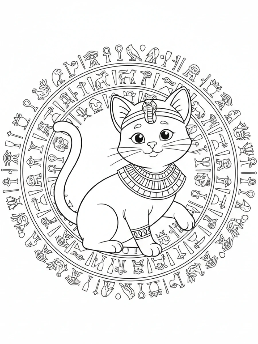 coloriage chaton mandala — Chaton avec des parures égyptiennes antiques, au cœur d'un mandala avec des hiéroglyphes stylisés.
