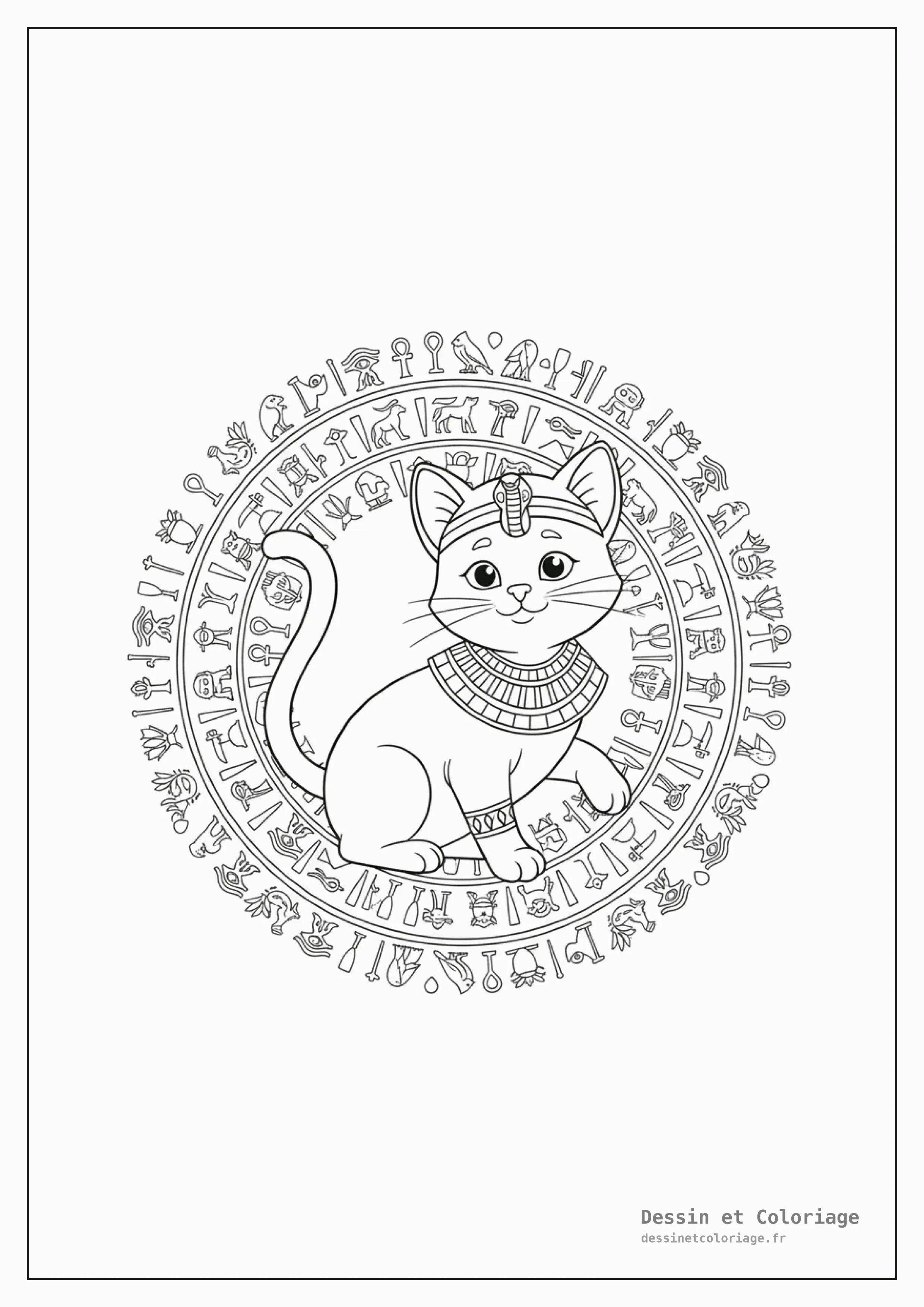 coloriage chaton mandala — Chaton avec des parures égyptiennes antiques, au cœur d'un mandala avec des hiéroglyphes stylisés.
