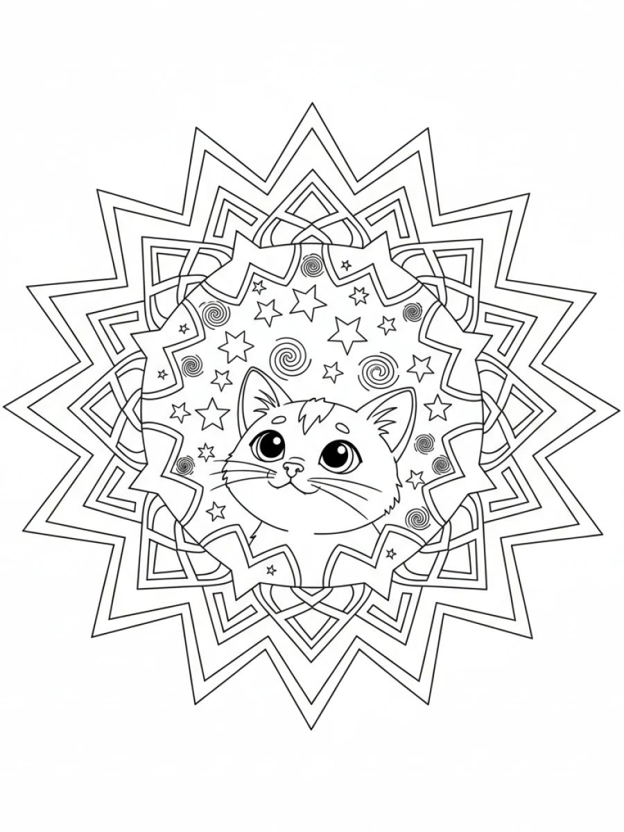 coloriage chaton mandala — Chaton regardant un ciel étoilé, intégré dans un mandala lumineux de formes d'étoiles.